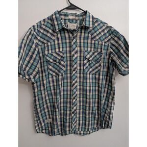 A3 7 Diamonds Shirt Mens XL Pearl Snap Short Sleeve Plaid Western Green/Blue